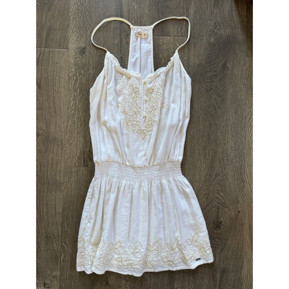 Hollister A&F  White Gauze Sleeveless Racerback Gold Floral Embroidered Dress M